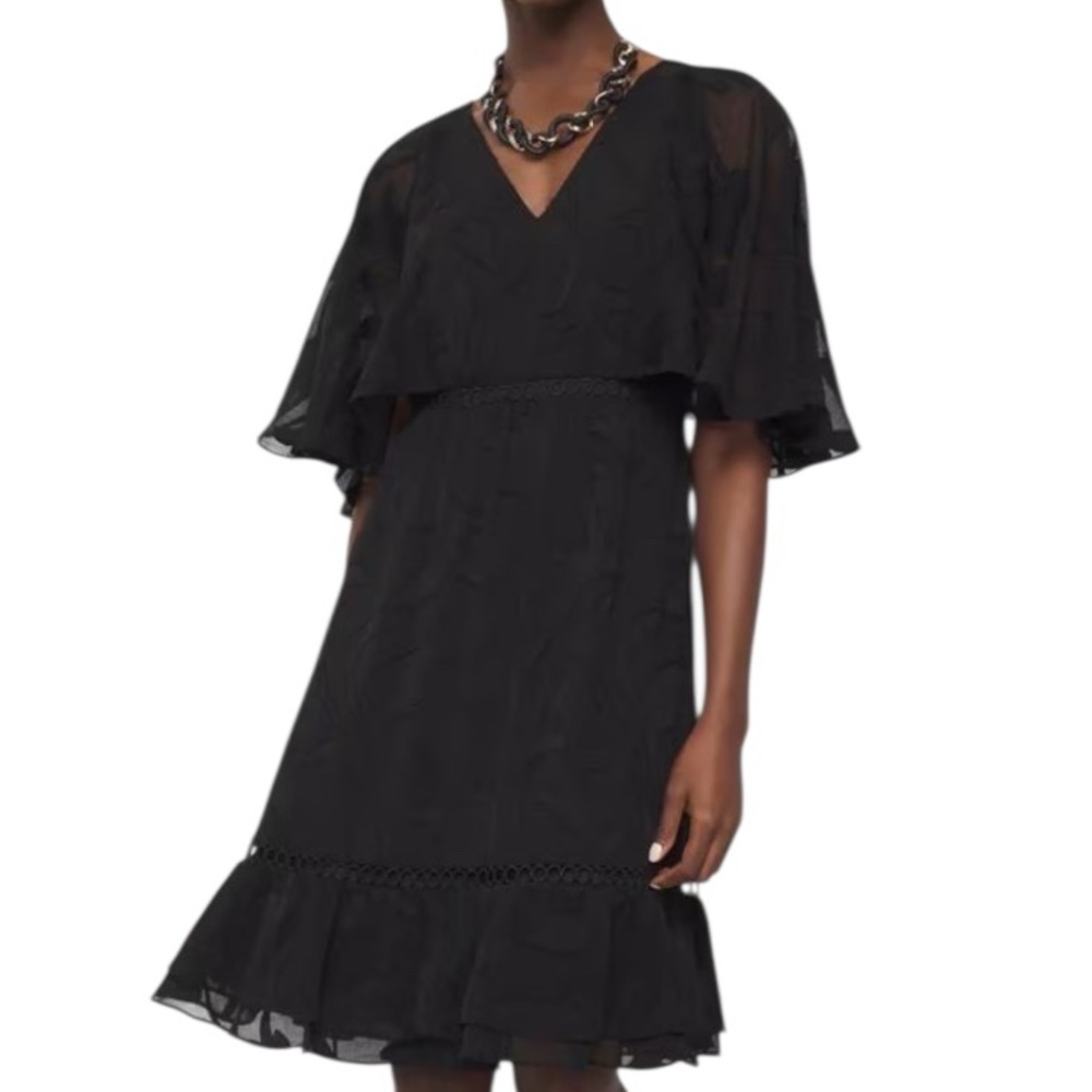 NWT WHITE HOUSE BLACK MARKET Black Flounce & Floral Smock Waist Dress Size 10